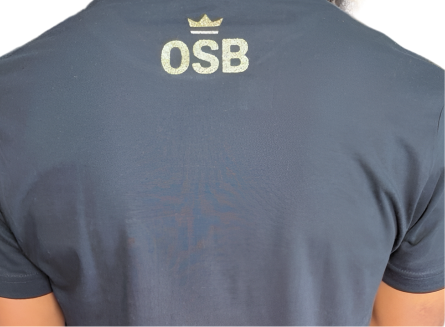 Black Women’s Onesmoothbrotha V-Neck T-Shirt with Shimmering Gold OSB Logos on Front & Back