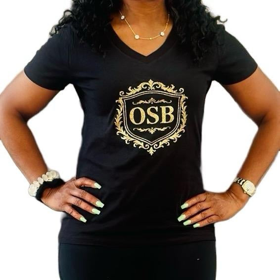 Black Women’s Onesmoothbrotha V-Neck T-Shirt with Shimmering Gold OSB Logos on Front & Back