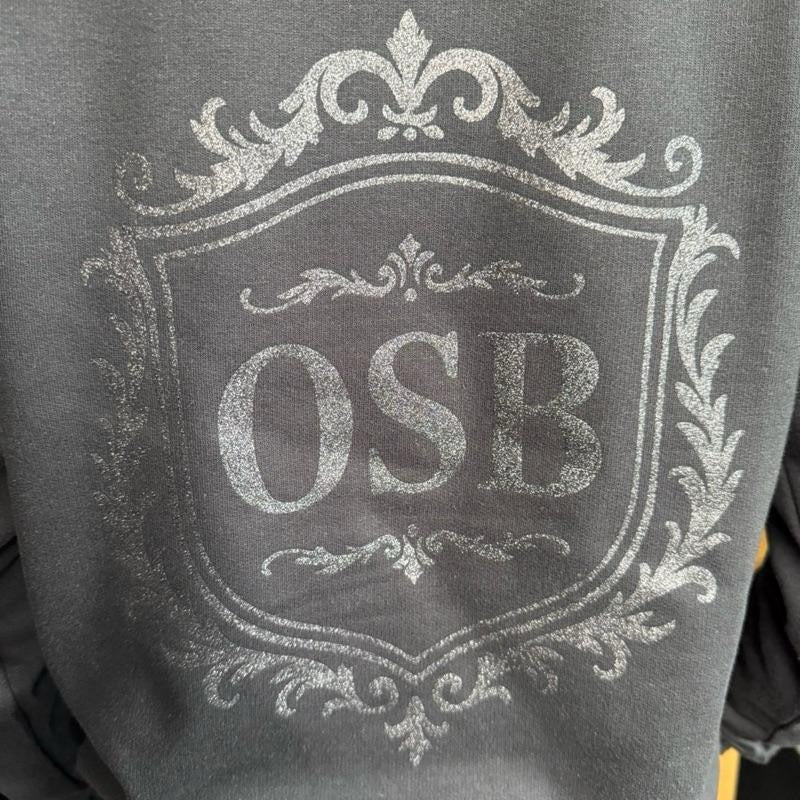 Unisex OSB Black Crew Neck Sweatshirt with Gold Letters and Embroidery & Shimmering Black Logo on Back
