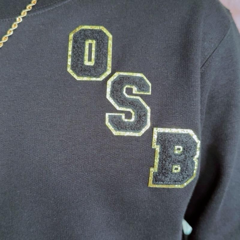 Unisex OSB Black Crew Neck Sweatshirt with Gold Letters and Embroidery & Shimmering Black Logo on Back