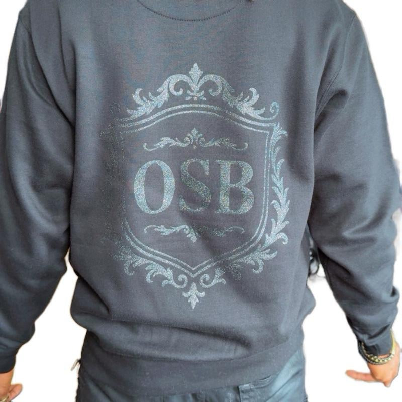 Unisex OSB Black Crew Neck Sweatshirt with Gold Letters and Embroidery & Shimmering Black Logo on Back