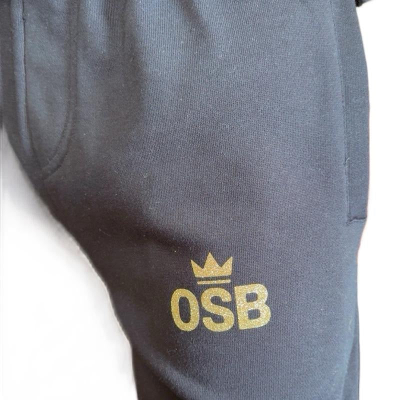 Unisex Black OSB Joggers with Shimmering Gold Logo & Crown Design