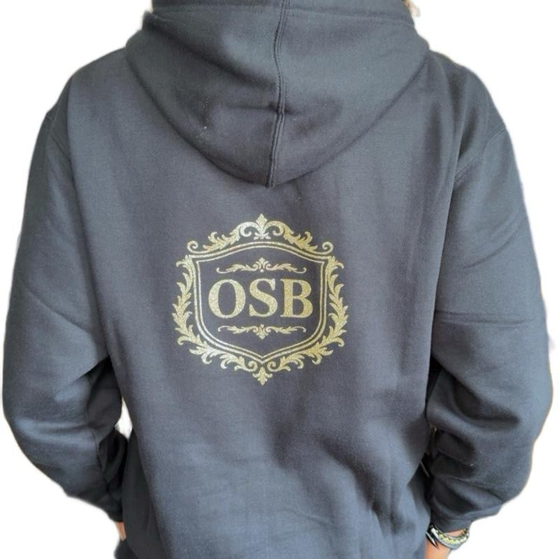 Unisex Black OSB Hoodie with Shimmering Gold Logo on Front and Back