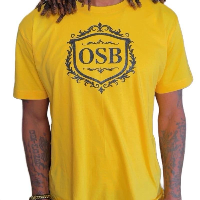 Unisex Yellow OSB T-Shirt with Shimmering Black Logo on Front and Back