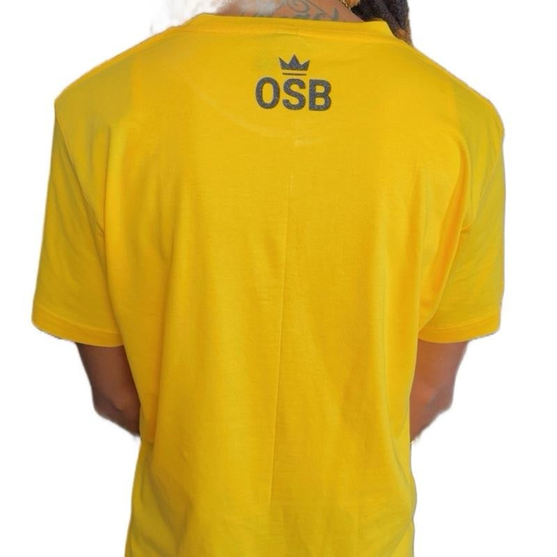 Unisex Yellow OSB T-Shirt with Shimmering Black Logo on Front and Back