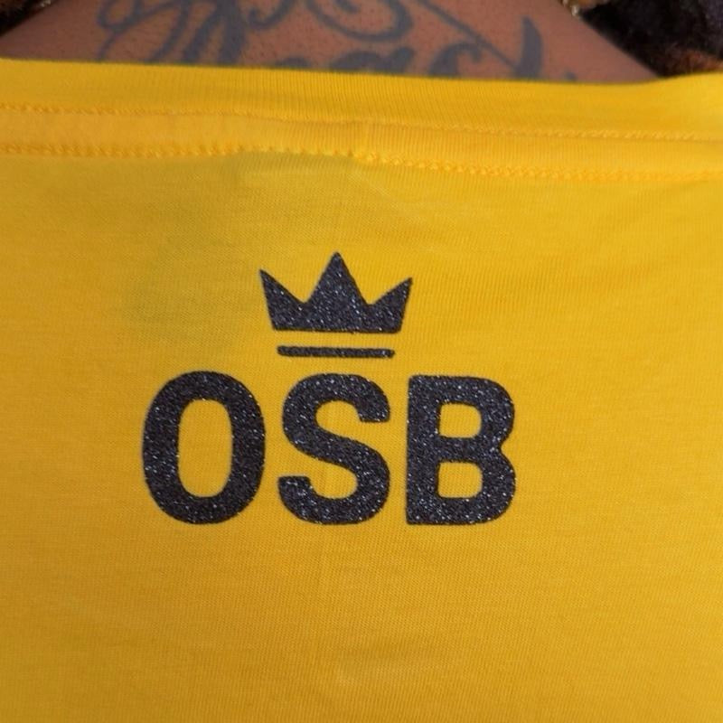 Unisex Yellow OSB T-Shirt with Shimmering Black Logo on Front and Back