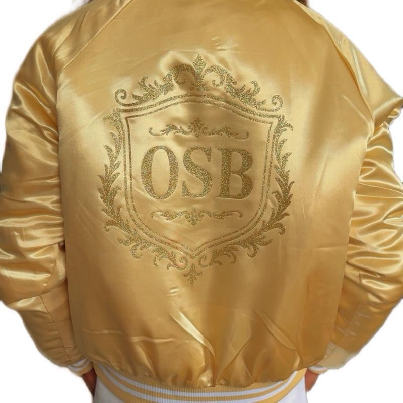 Unisex Gold/White OSB Varsity Jacket with Letter Embroidery and Button Details