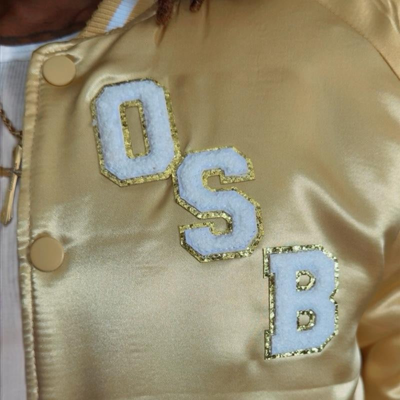 Unisex Gold/White OSB Varsity Jacket with Letter Embroidery and Button Details