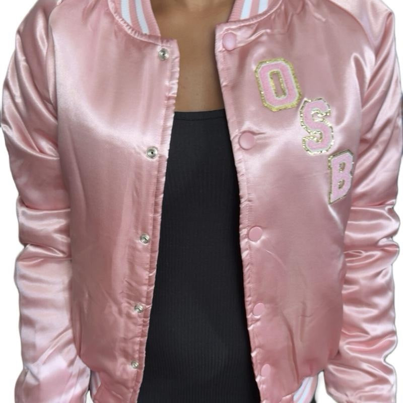 Pink/White/Gold OSB Varsity Jacket With Shimmering Gold Logo on Back