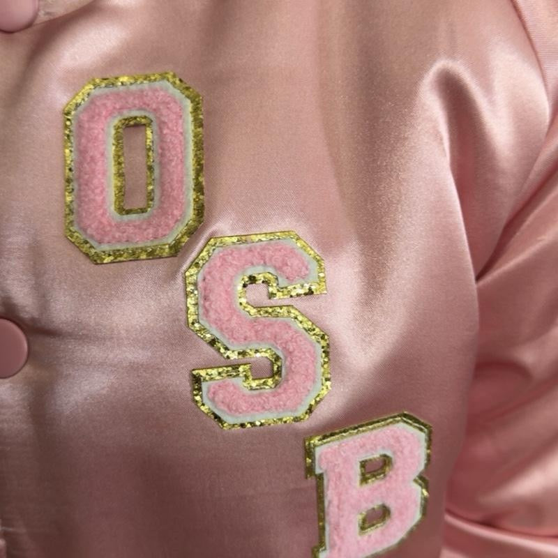 Pink/White/Gold OSB Varsity Jacket With Shimmering Gold Logo on Back