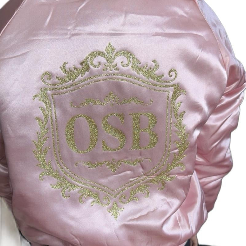 Pink/White/Gold OSB Varsity Jacket With Shimmering Gold Logo on Back